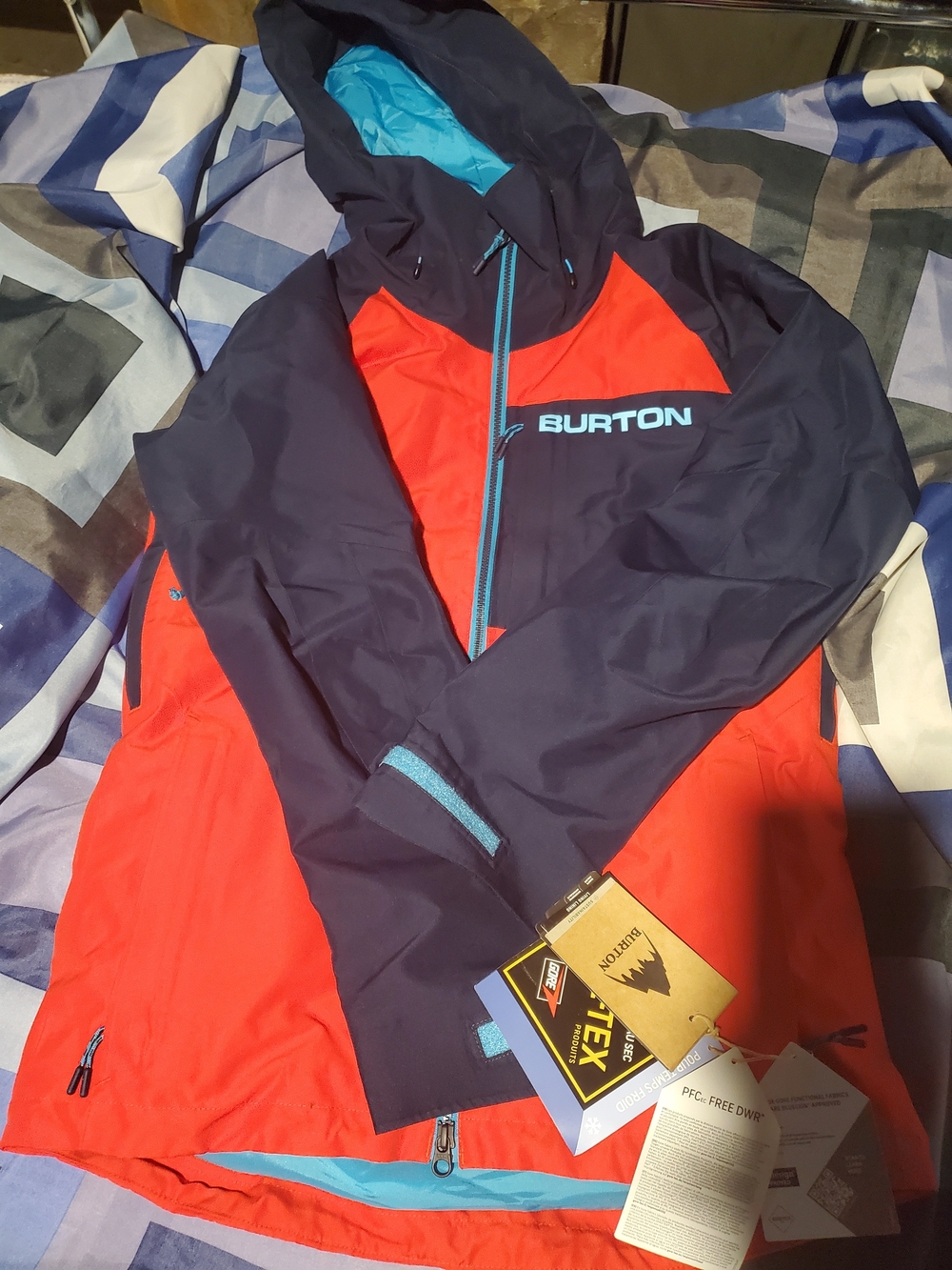 Burton Navy & Bright Red Hooded Snow Jacket with Light Blue Accents